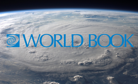 Blue text "world book" with globe icon and a view of earth from space as the background